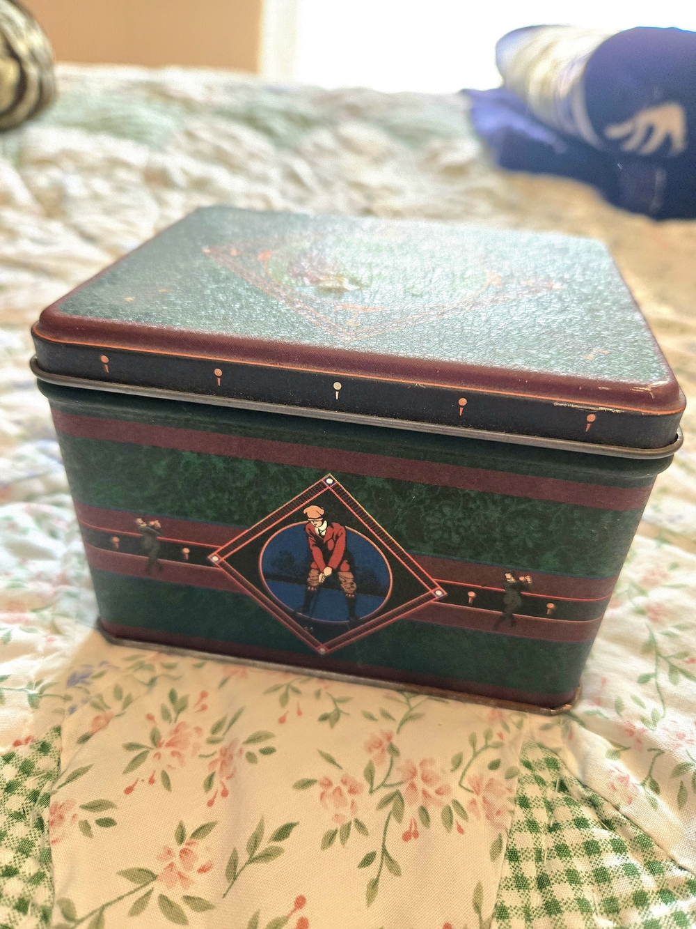 Vintage Green and Burgundy Decorative Tin Storage Box